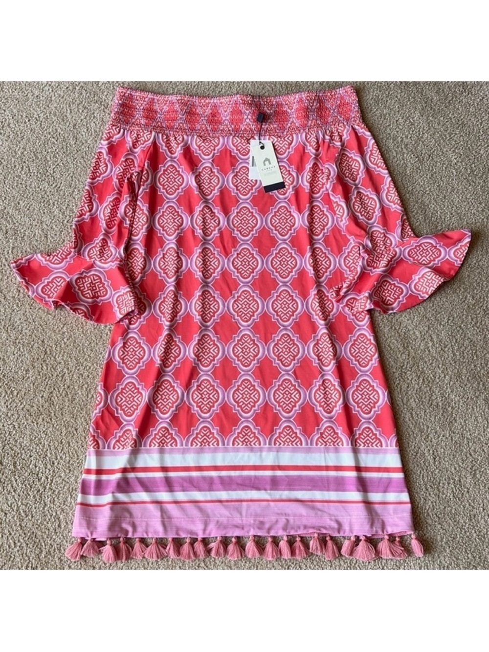 NWT Cabana Life Coral Geo Coverluxe Smocked Off-the-Shoulder Tassel Dress Small - Picture 3 of 13